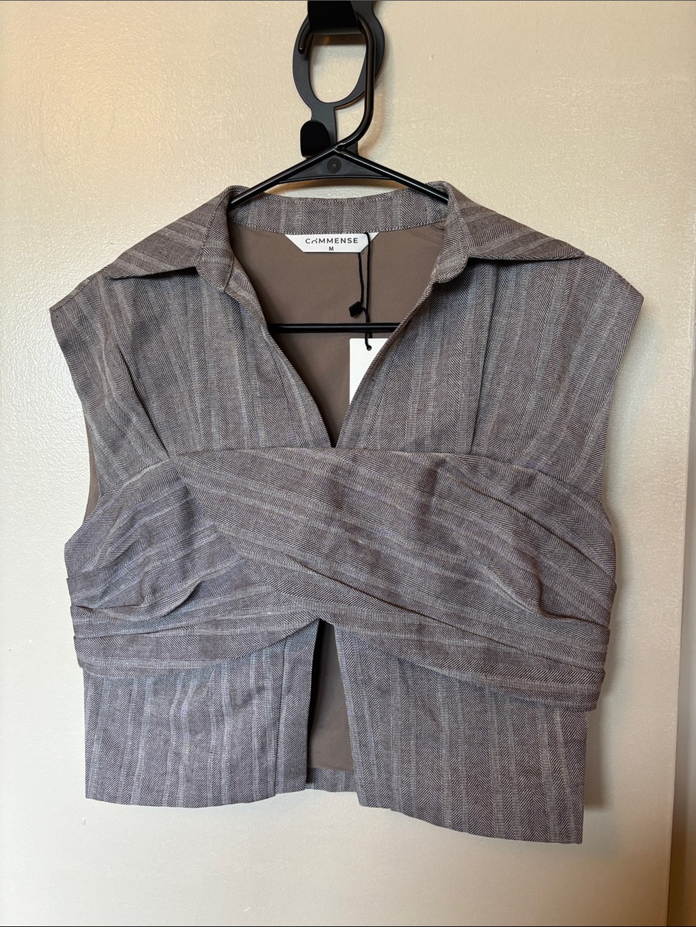 Commense Taupe Pinstripe Twist-Front Cropped Vest